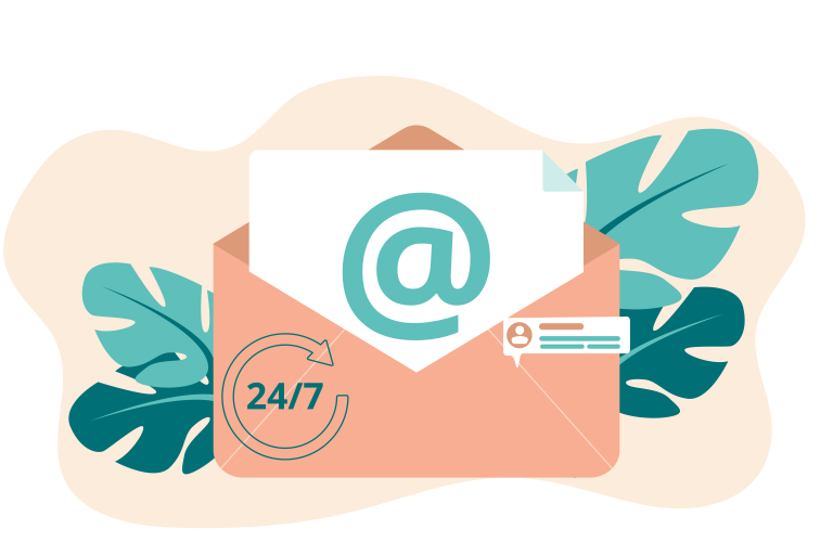 Dessin d'une enveloppe tamponnée avec un symbole @. On y trouve aussi un symbole 24/7 qui implique que le service est disponible en tous temps.