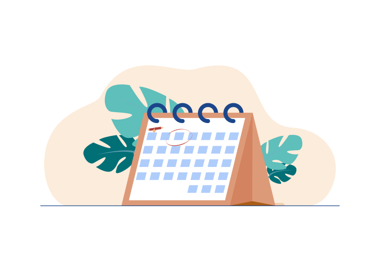 Un dessin d'un calendrier entouré de verdure.